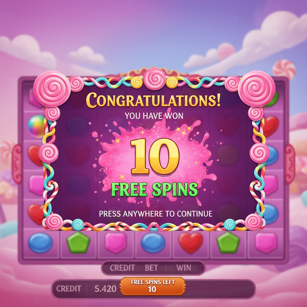 Schermata di congratulazioni per 10 Free Spins vinti in Sweet Bonanza Super Scatter