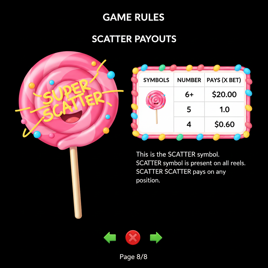 Simbolo Scatter lollipop rosa con pagamenti nella schermata delle regole