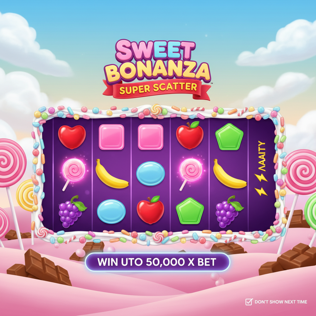 Schermata introduttiva di Sweet Bonanza Super Scatter con indicatore di alta volatilita