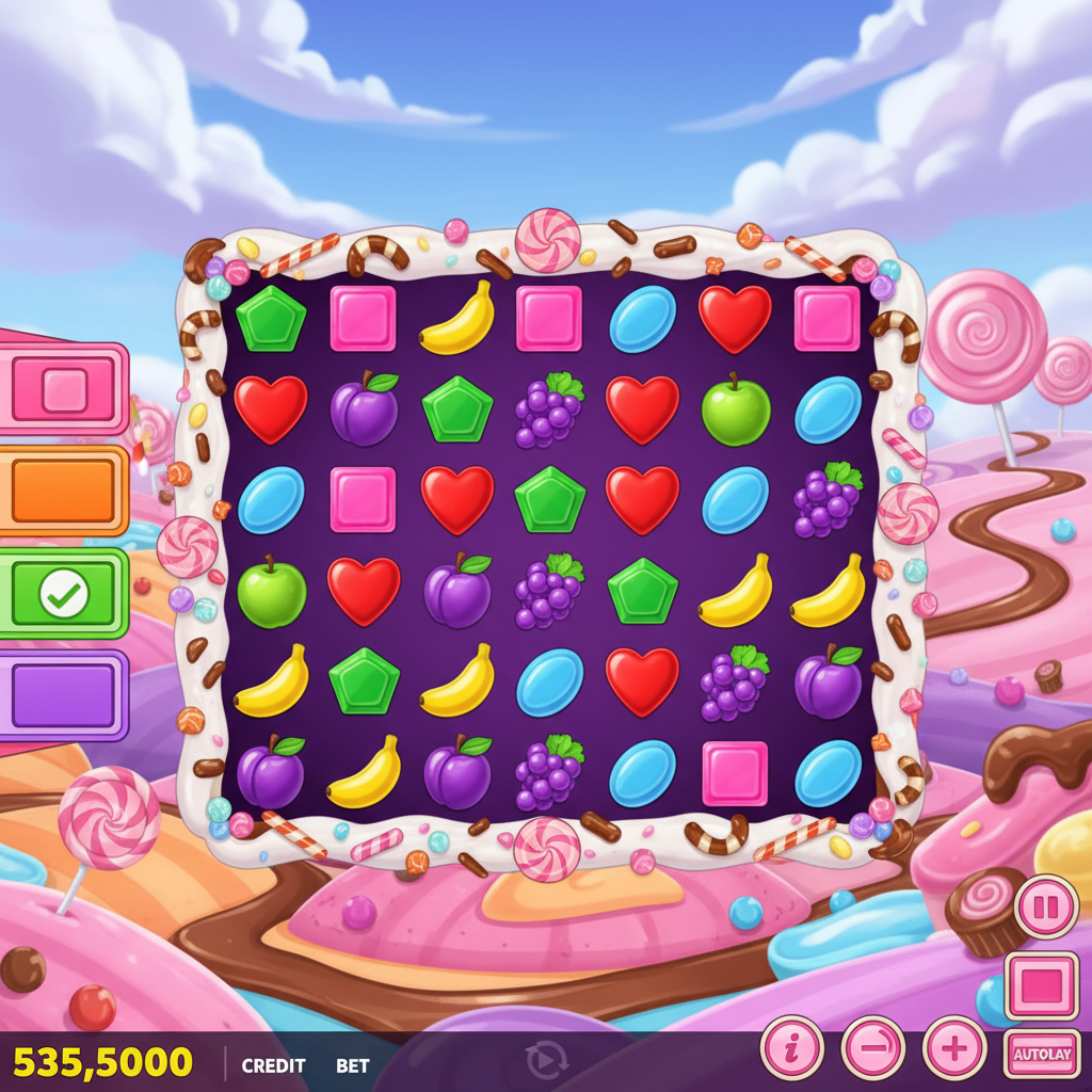 Griglia di gioco 6x5 con simboli frutti e forme geometriche durante una partita