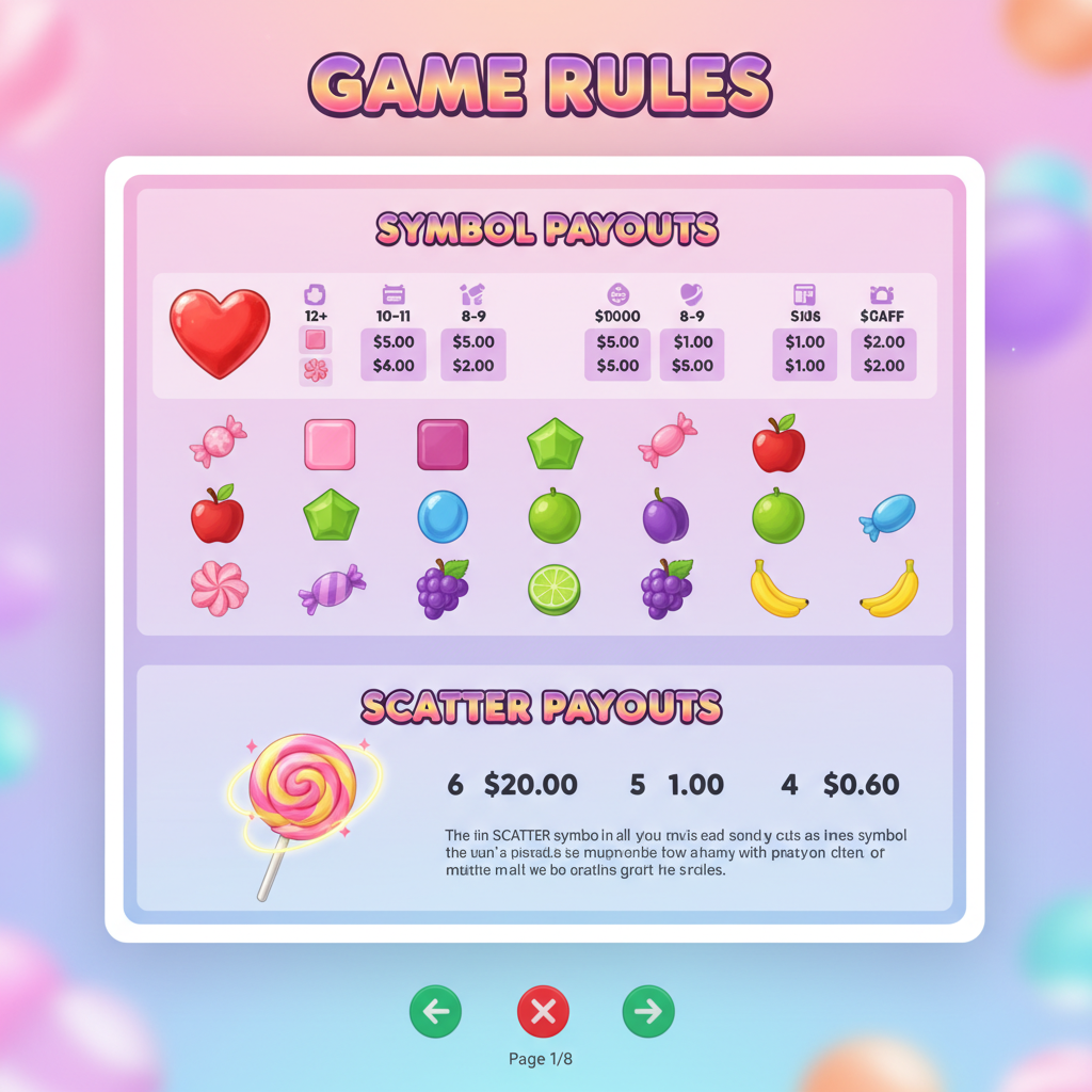Tabella dei pagamenti con simboli e valori delle vincite in Sweet Bonanza Super Scatter