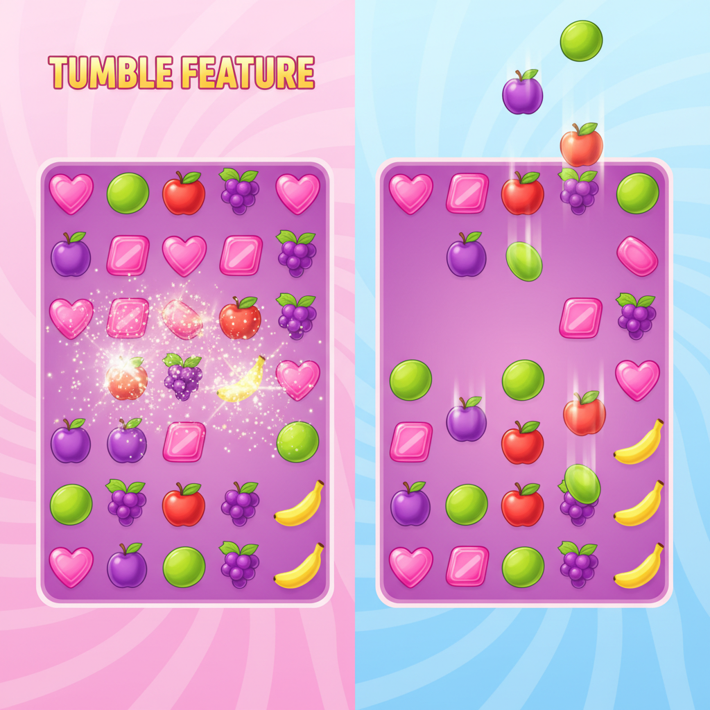 Spiegazione della meccanica Tumble Feature con cascata di simboli